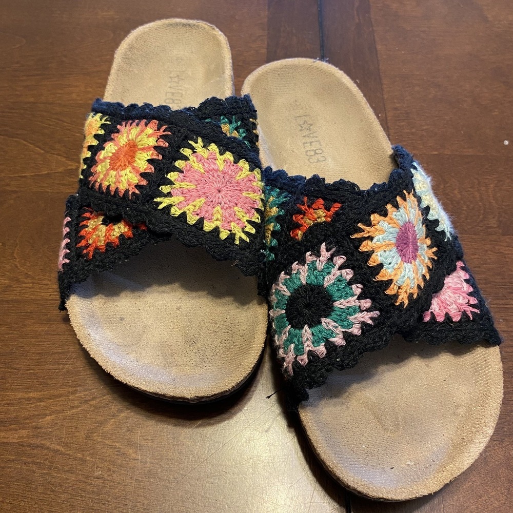 Love83 Granny square Crochet Sandals Women Sz 6 cork Boho Hippie 70s Roseanne